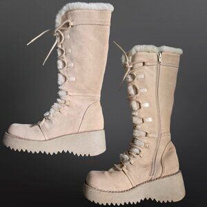 Y2K Beige Suede Faux Fur Chunky Platform Lace Up Knee High Boots Size 7